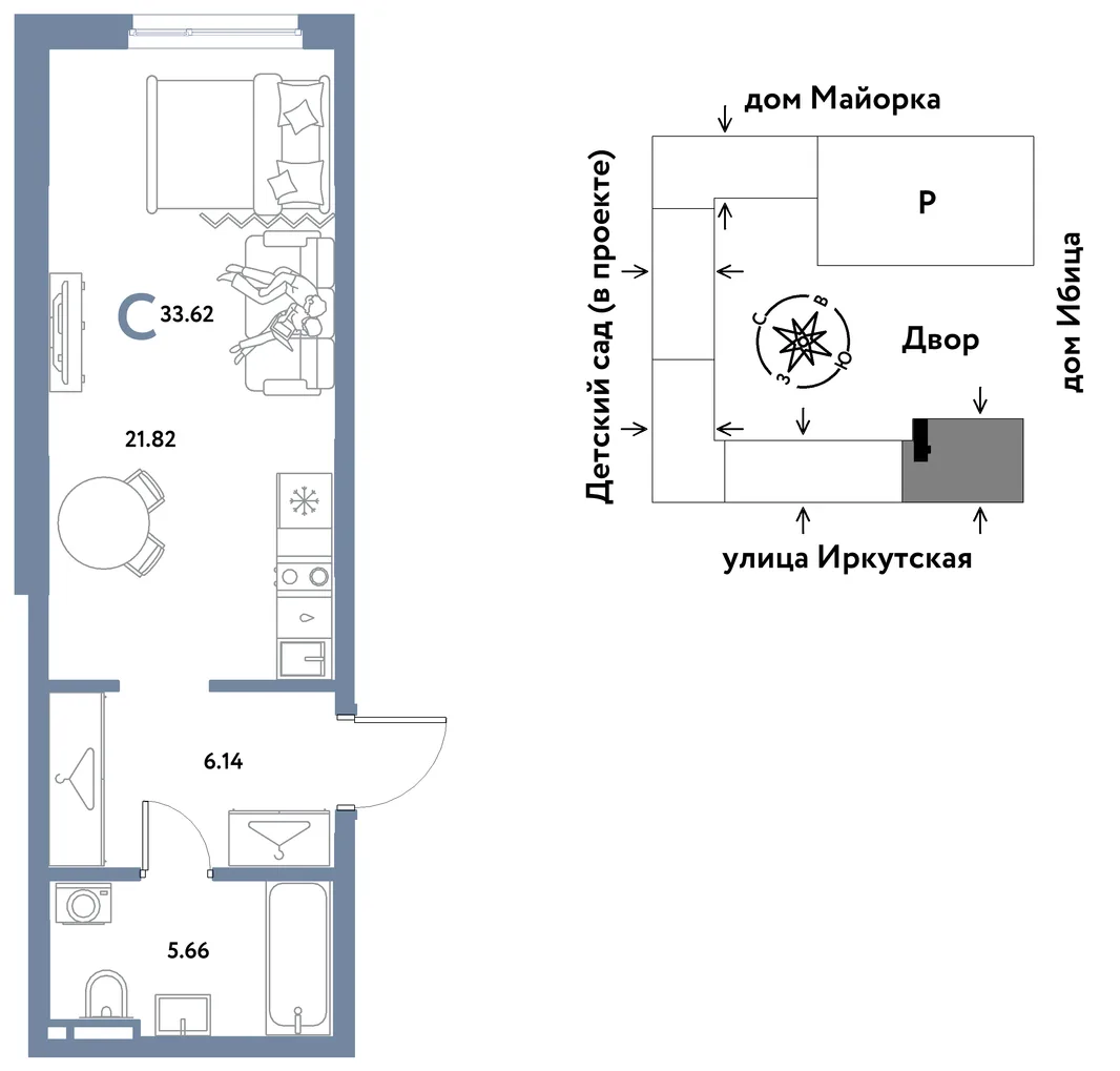 Планировка Студия, 33.62 м² ЖК «Остров-сад»
