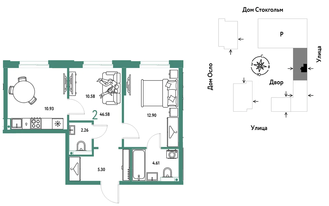 Планировка 2-комн. квартира, 46.58 м² ЖК «Европейский берег 2.0»