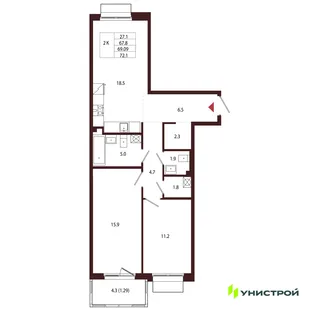 Планировка 2-комн. квартира, 69.09 м² ЖК «Лисино»