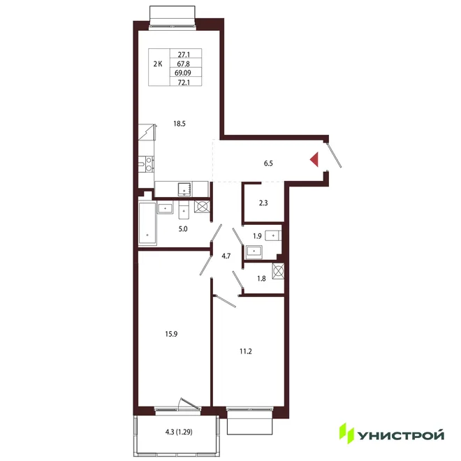 Планировка 2-комн. квартира, 69.09 м² ЖК «Лисино» Планировка 2-комн. квартира, 69.09 м² ЖК «Лисино»