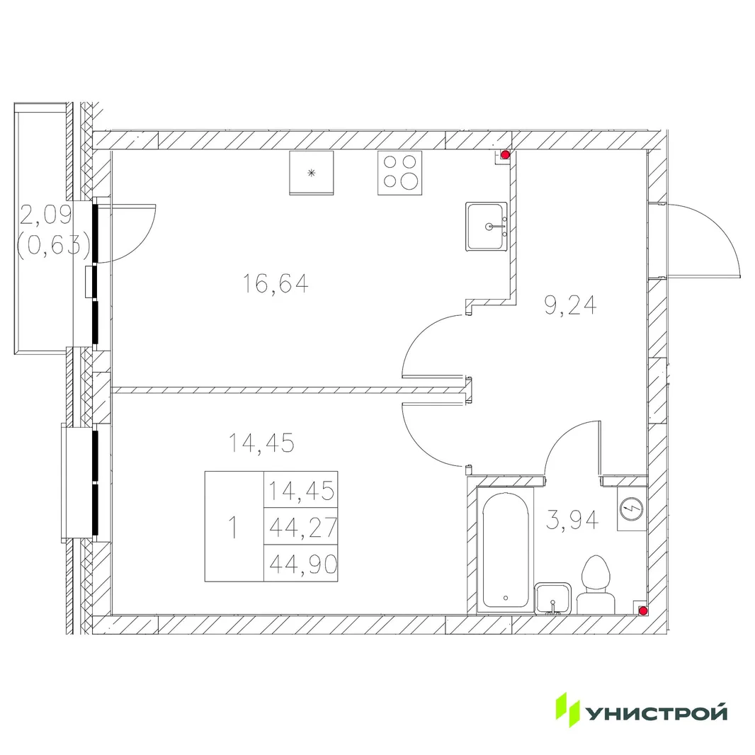 Планировка 1-комн. квартира, 44.9 м² ЖК «Statum»