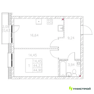 Планировка 1-комн. квартира, 44.9 м² ЖК «Statum»