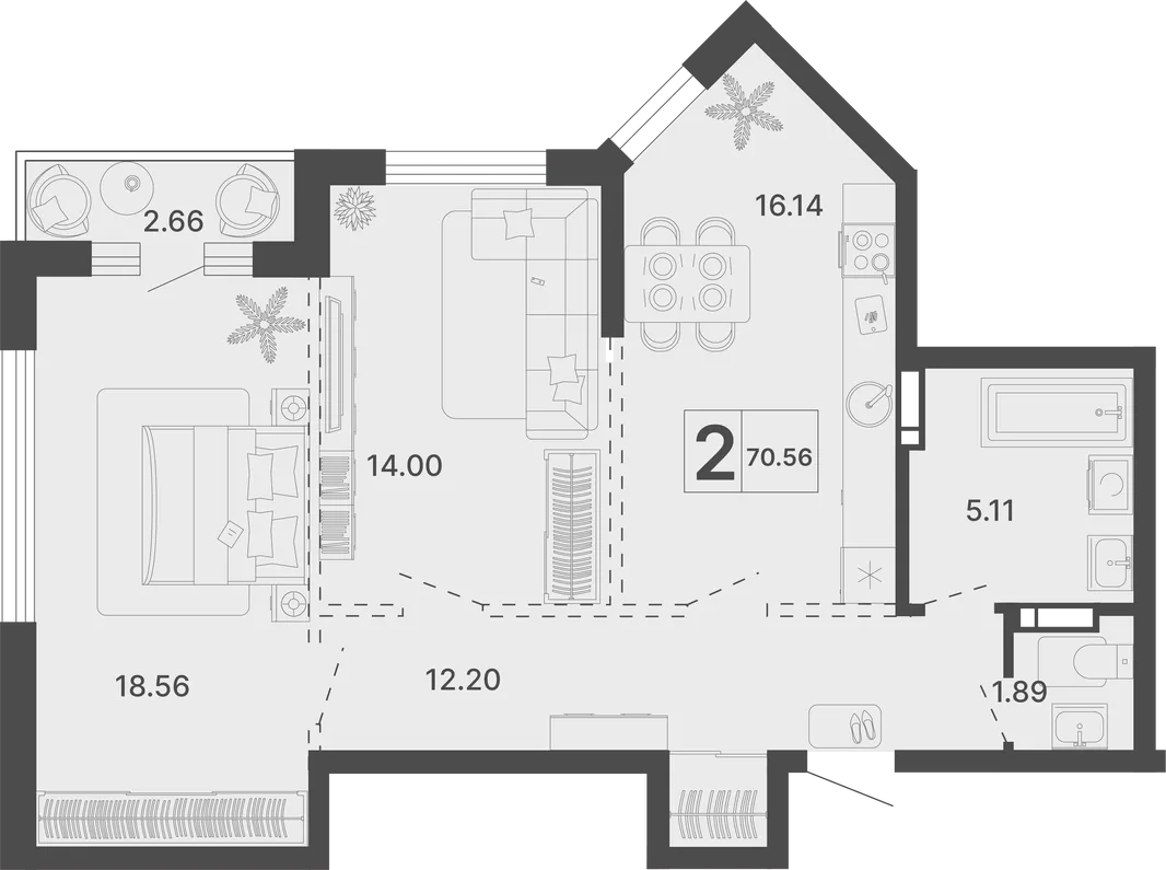 Планировка 2-комн. квартира, 70.56 м² ЖК «Светский лес»