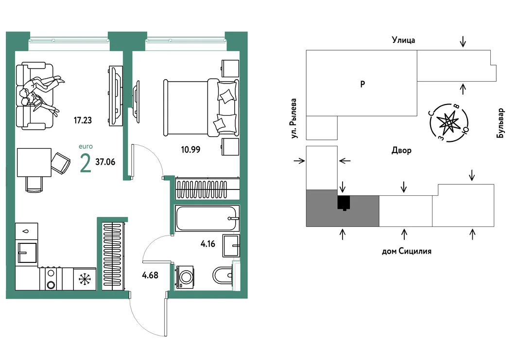 Планировка 2-комн. квартира, 37.06 м² ЖК «Остров-сад»