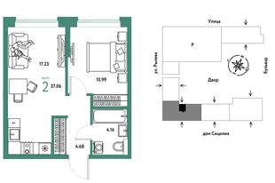 Планировка 2-комн. квартира, 37.06 м² ЖК «Остров-сад»