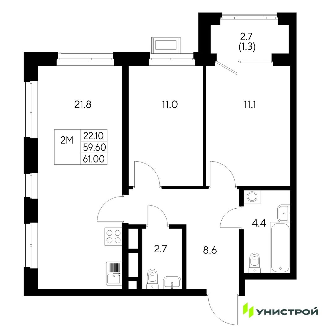 Планировка 2-комн. квартира, 61 м² ЖК «Стадиум»