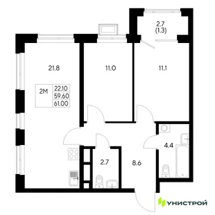 Планировка 2-комн. квартира, 61 м² ЖК «Стадиум»
