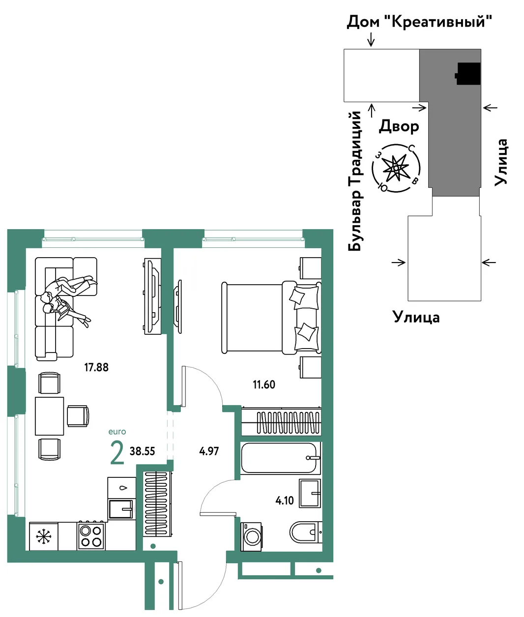 Планировка 2-комн. квартира, 38.55 м² ЖК «Микрорайон Домашний»