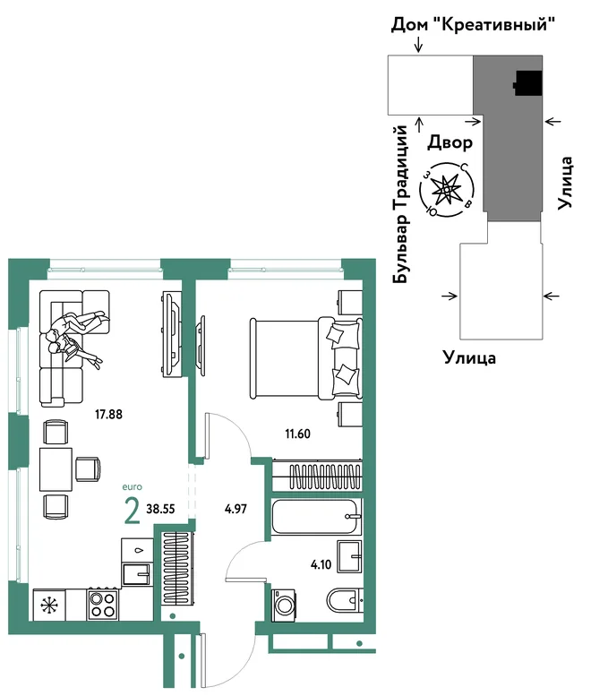 Планировка 2-комн. квартира, 38.55 м² ЖК «Микрорайон Домашний» Планировка 2-комн. квартира, 38.55 м² ЖК «Микрорайон Домашний»
