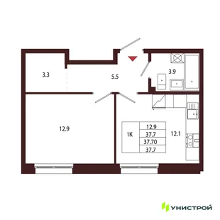 Планировка 1-комн. квартира, 37.7 м² ЖК «Лисино»