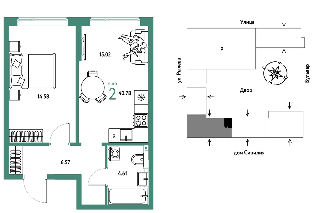 Планировка 2-комн. квартира, 40.78 м² ЖК «Остров-сад»