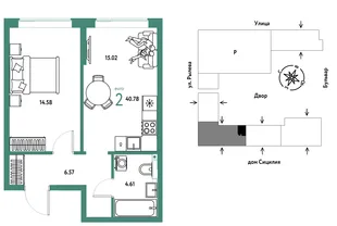 Планировка 2-комн. квартира, 40.78 м² ЖК «Остров-сад»