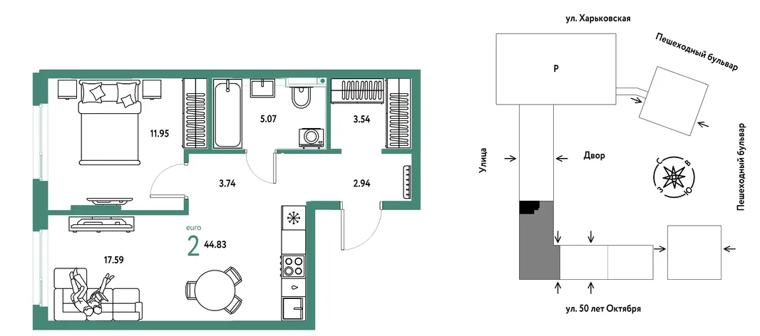 Планировка 2-комн. квартира, 44.83 м² ЖК «Сердце Сибири»