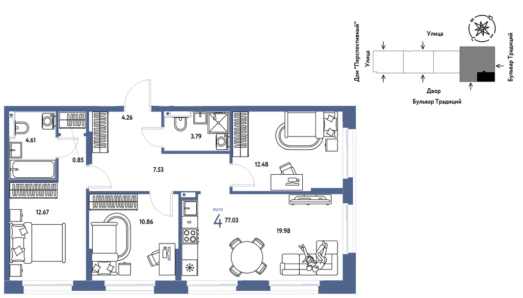 Планировка 4-комн. квартира, 77.14 м² ЖК «Микрорайон Домашний»