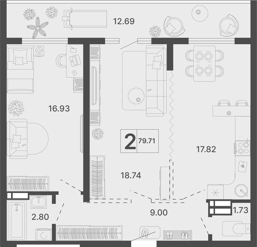 Планировка 2-комн. квартира, 79.71 м² ЖК «Светский лес»