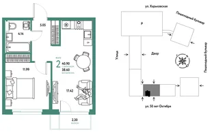 Планировка 2-комн. квартира, 40.9 м² ЖК «Сердце Сибири»