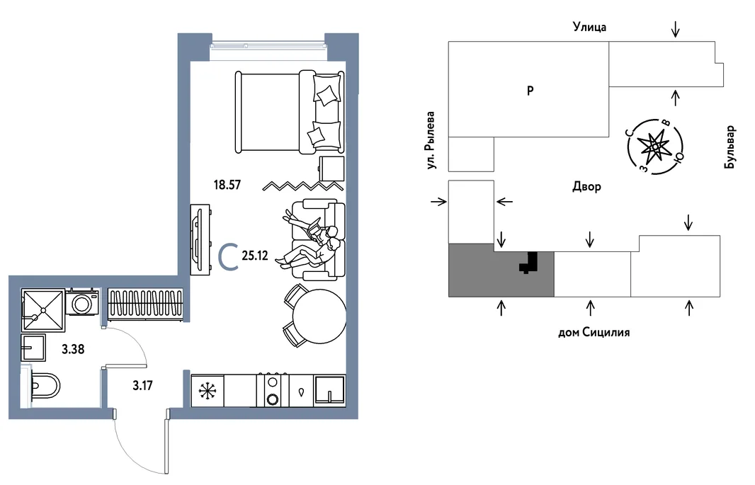 Планировка Студия, 25.12 м² ЖК «Остров-сад»