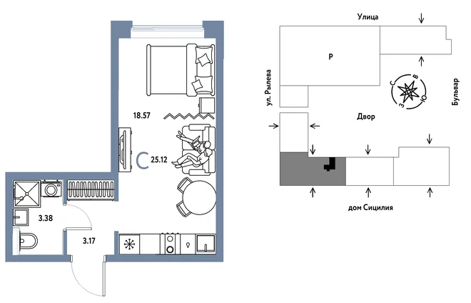 Планировка Студия, 25.12 м² ЖК «Остров-сад» Планировка Студия, 25.12 м² ЖК «Остров-сад»