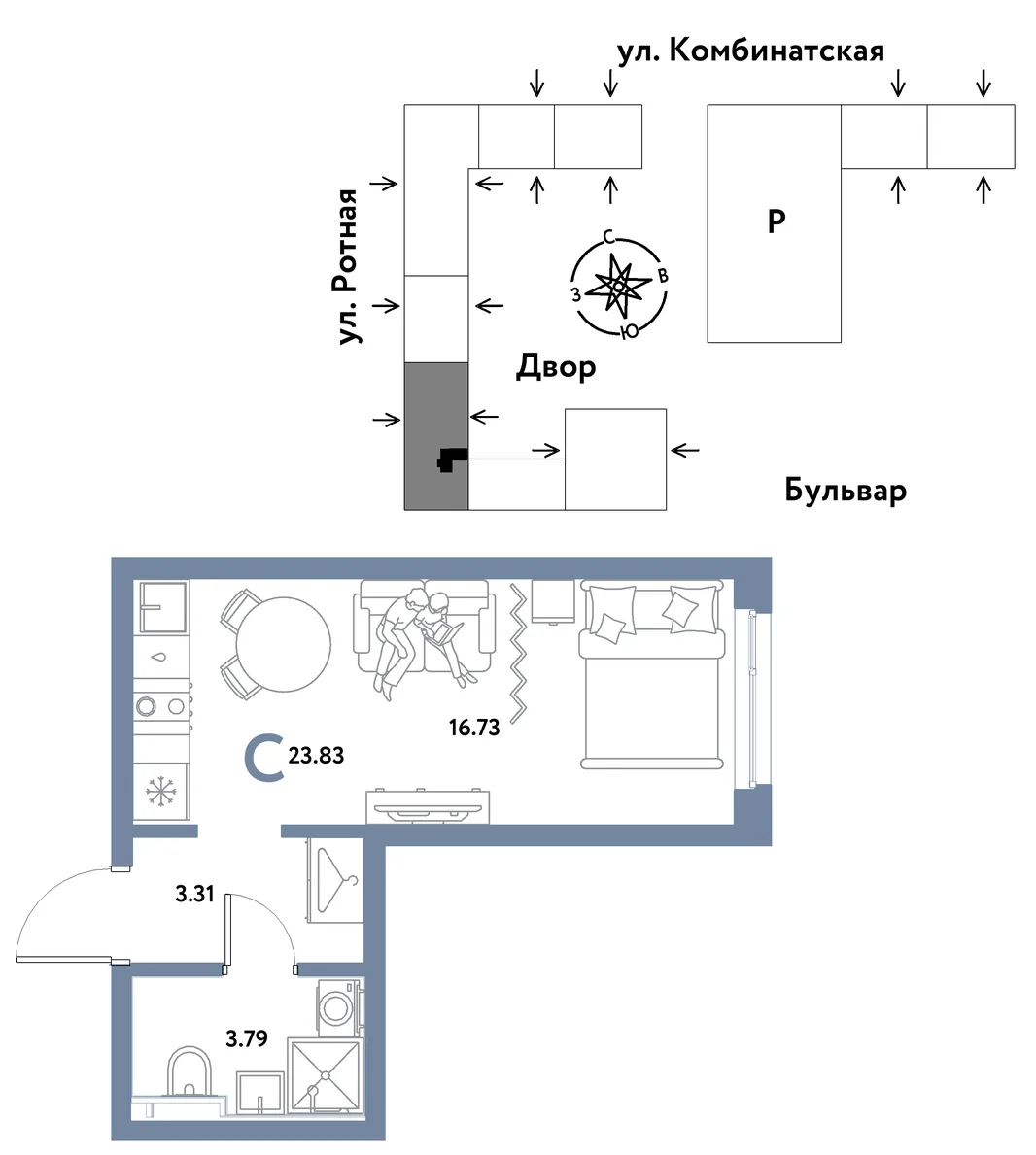 Планировка Студия, 23.83 м² ЖК «Уральский сад»