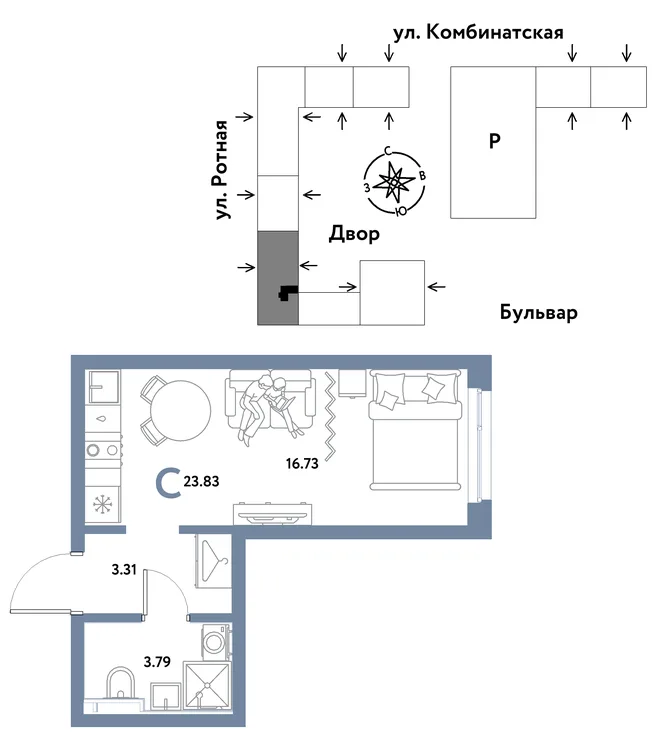 Планировка Студия, 23.83 м² ЖК «Уральский сад» Планировка Студия, 23.83 м² ЖК «Уральский сад»