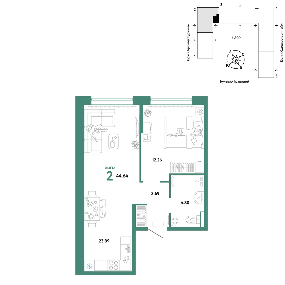 Планировка 2-комн. квартира, 44.64 м² ЖК «Микрорайон Домашний»