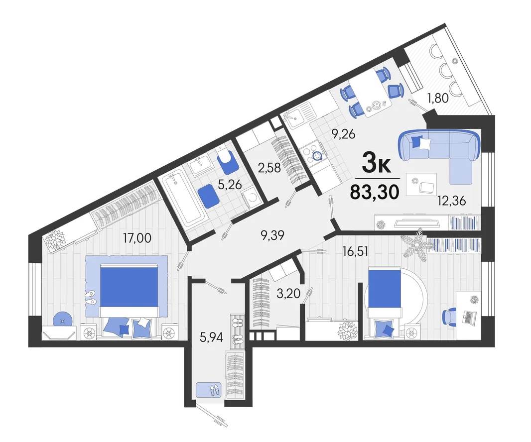 Планировка 3-комн. квартира, 83.4 м² ЖК «Белые Росы 2»