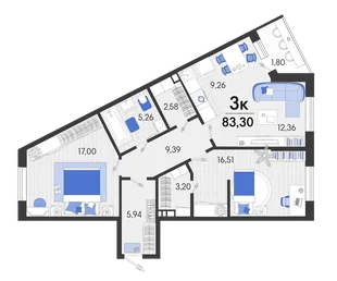 Планировка 3-комн. квартира, 83.4 м² ЖК «Белые Росы 2»