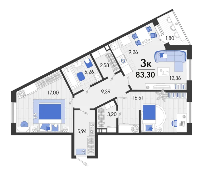 Планировка 3-комн. квартира, 83.4 м² ЖК «Белые Росы 2» Планировка 3-комн. квартира, 83.4 м² ЖК «Белые Росы 2»