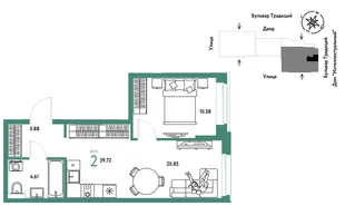 Планировка 2-комн. квартира, 39.72 м² ЖК «Микрорайон Домашний»