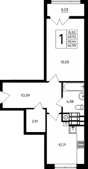 Планировка 1-комн. квартира, 46.95 м² ЖК «Сезоны»
