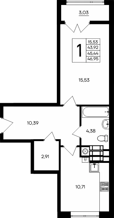 Планировка 1-комн. квартира, 46.95 м² ЖК «Сезоны» Планировка 1-комн. квартира, 46.95 м² ЖК «Сезоны»