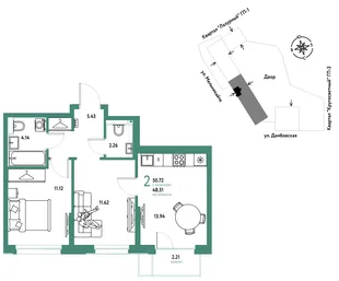 Планировка 2-комн. квартира, 50.72 м² ЖК «Страна Прибрежная»