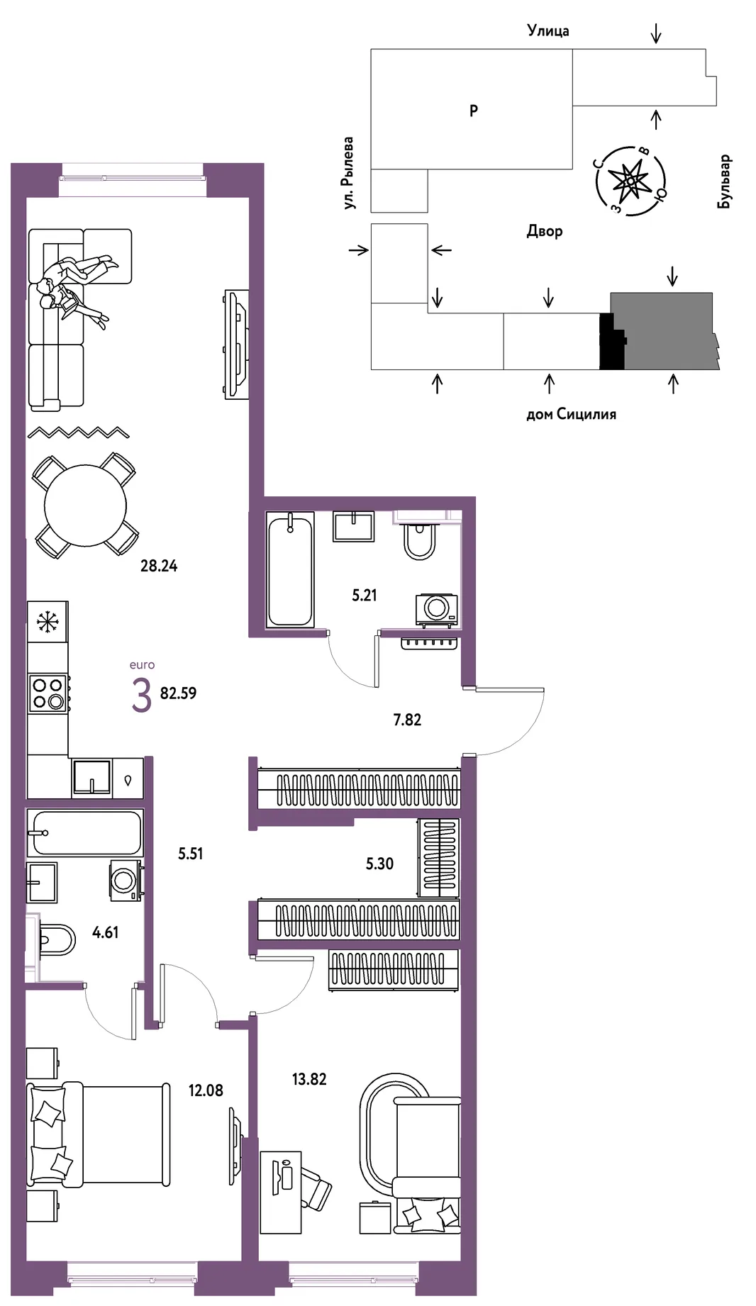 Планировка 3-комн. квартира, 82.59 м² ЖК «Остров-сад»