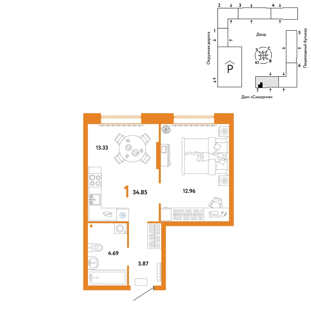 Планировка 1-комн. квартира, 34.85 м² ЖК «Юнион»
