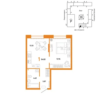 Планировка 1-комн. квартира, 34.85 м² ЖК «Юнион»