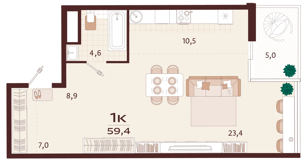 Планировка 1-комн. квартира, 59.4 м² ЖК «Роялта»