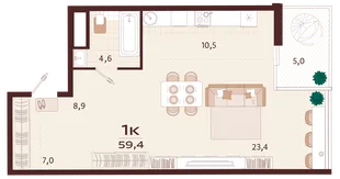 Планировка 1-комн. квартира, 59.4 м² ЖК «Роялта»