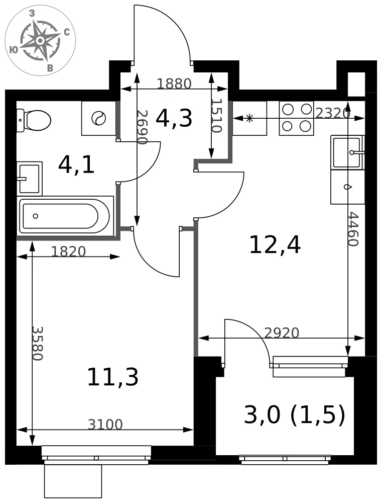 Планировка 1-комн. квартира, 33.6 м² ЖК «1-й Химкинский»