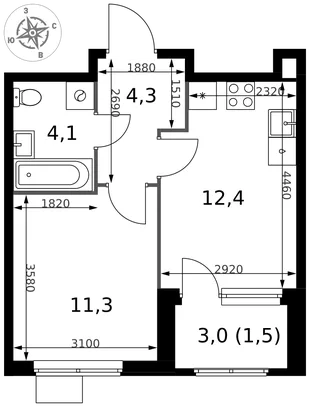 Планировка 1-комн. квартира, 33.6 м² ЖК «1-й Химкинский»