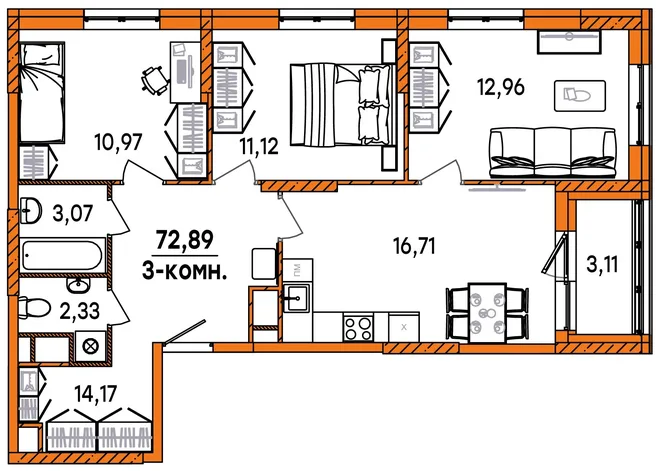 Планировка 3-комн. квартира, 72.89 м² ЖК «Юность» Планировка 3-комн. квартира, 72.89 м² ЖК «Юность»
