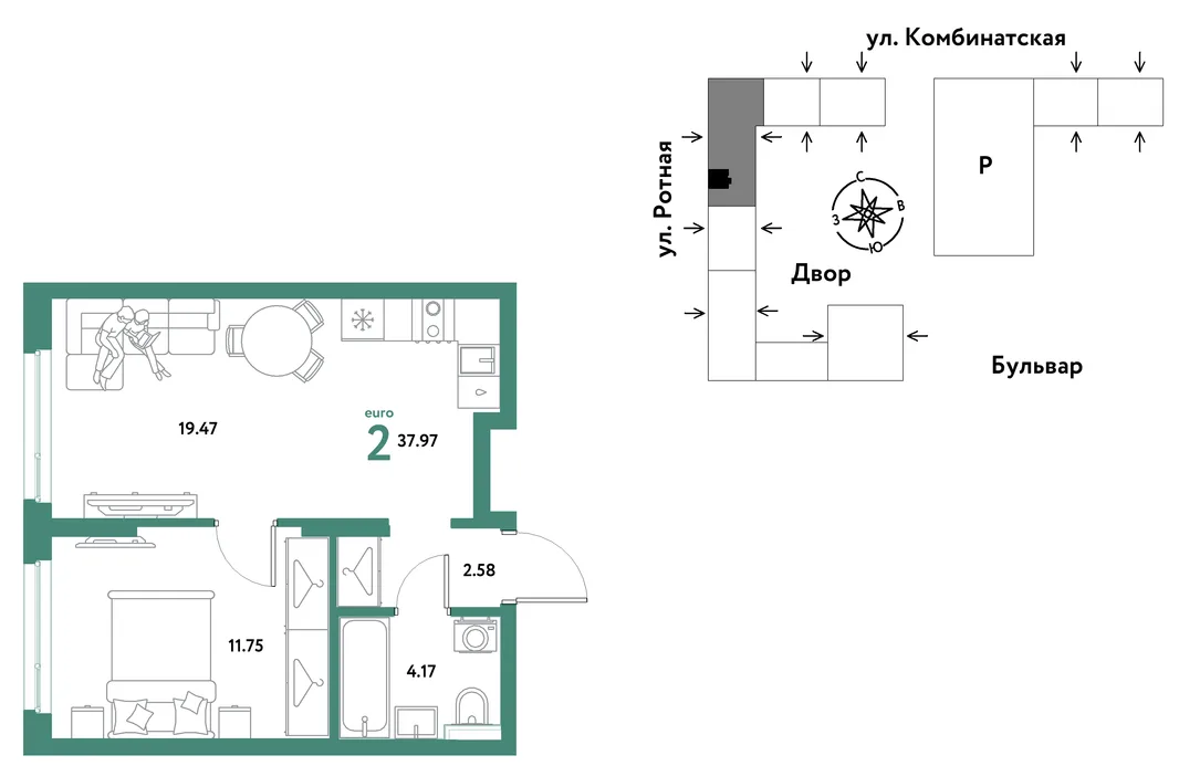 Планировка 2-комн. квартира, 37.8 м² ЖК «Уральский сад»