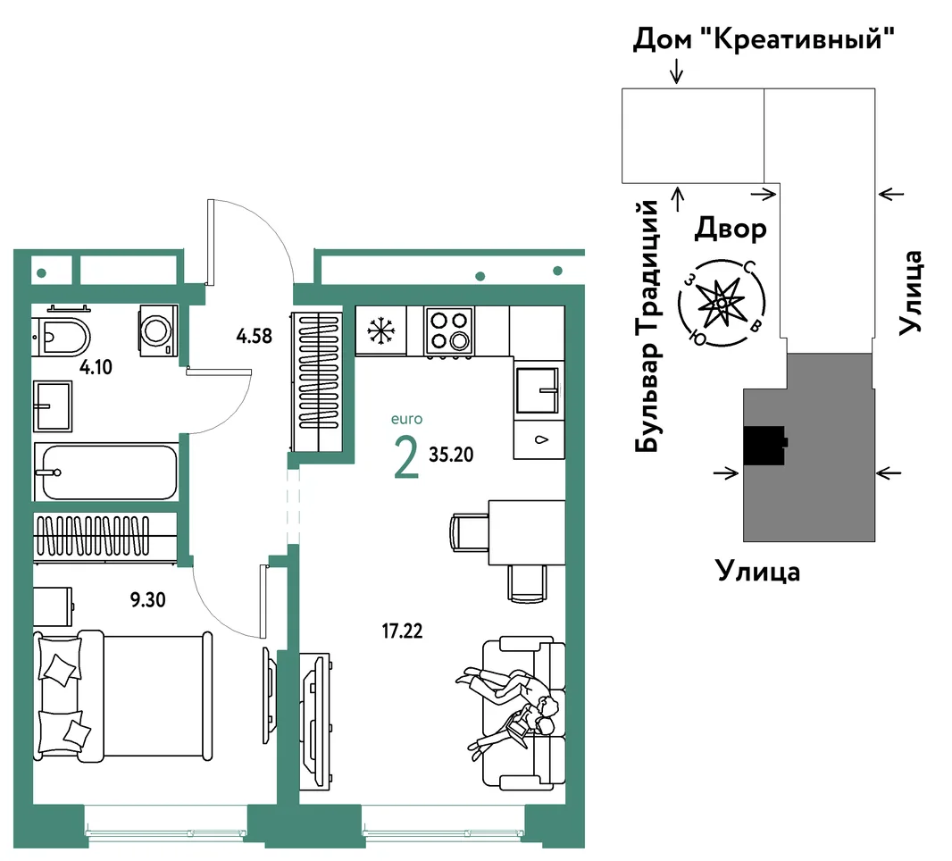 Планировка 2-комн. квартира, 35.2 м² ЖК «Микрорайон Домашний»
