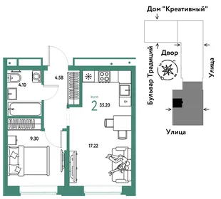 Планировка 2-комн. квартира, 35.2 м² ЖК «Микрорайон Домашний»