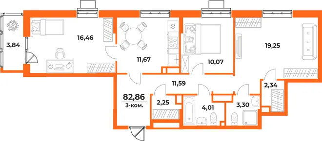 Планировка 3-комн. квартира, 82.86 м² ЖК «Живописный сад» Планировка 3-комн. квартира, 82.86 м² ЖК «Живописный сад»