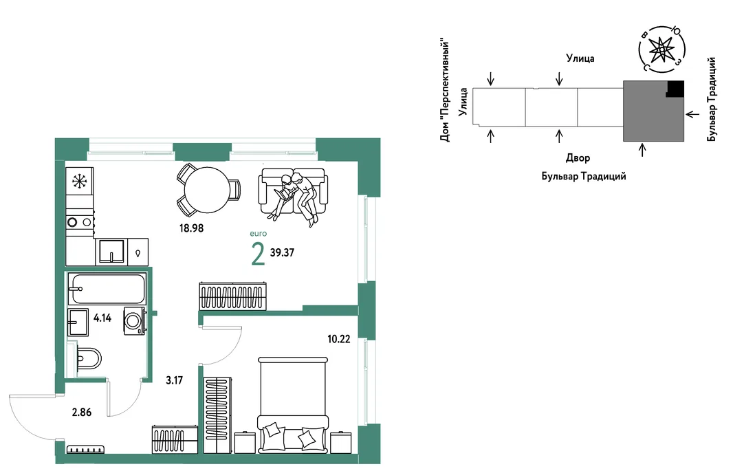 Планировка 2-комн. квартира, 39.37 м² ЖК «Микрорайон Домашний»