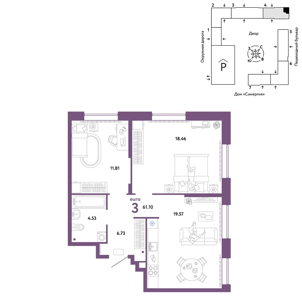 Планировка 3-комн. квартира, 61.1 м² ЖК «Юнион»