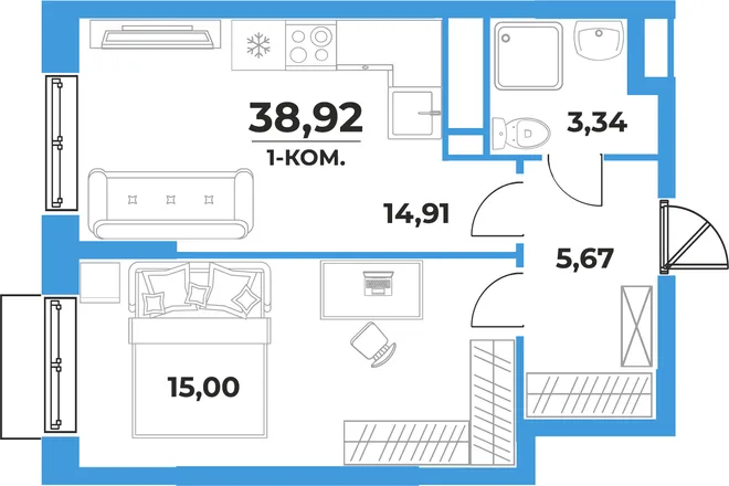Планировка 1-комн. квартира, 38.92 м² ЖК «На семи холмах» Планировка 1-комн. квартира, 38.92 м² ЖК «На семи холмах»