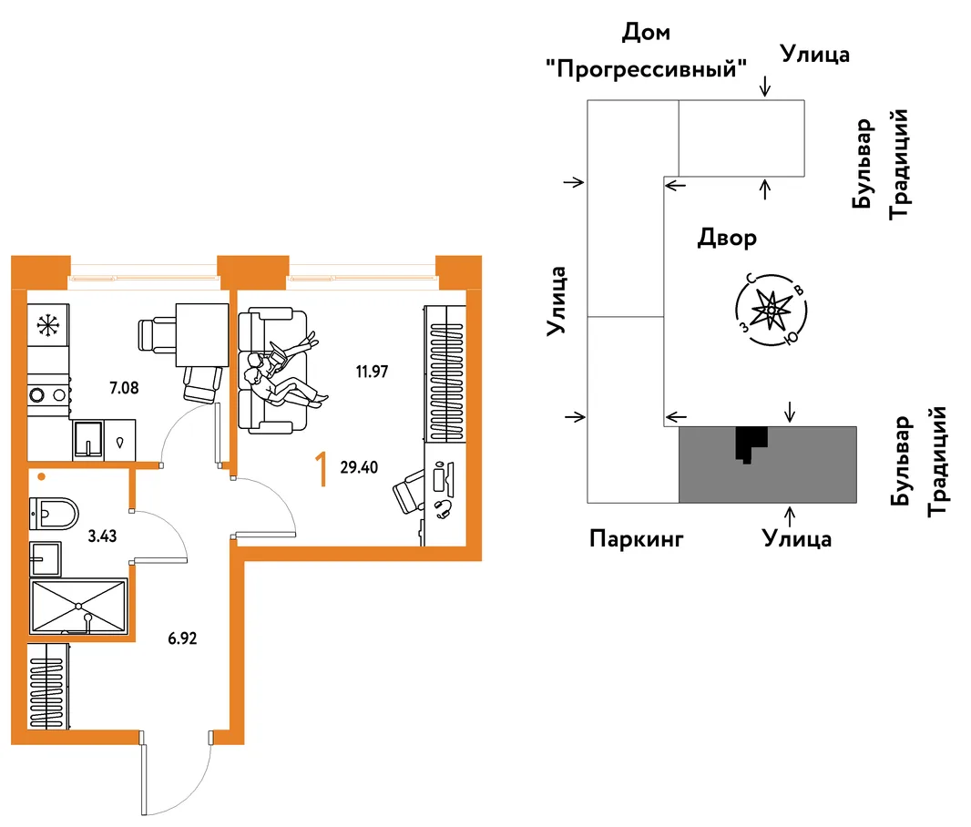 Планировка 1-комн. квартира, 29.4 м² ЖК «Микрорайон Домашний»
