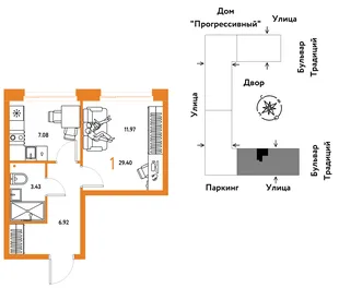 Планировка 1-комн. квартира, 29.4 м² ЖК «Микрорайон Домашний»