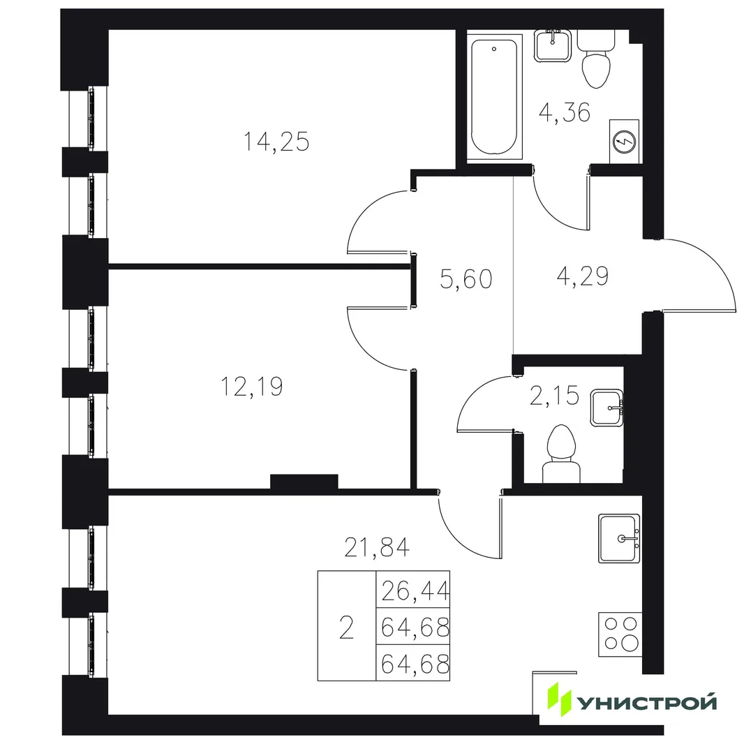 Планировка 2-комн. квартира, 64.68 м² ЖК «Statum»
